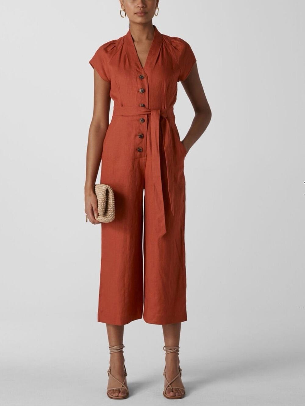 Whistles Rust Sana Linen Button Jumpsuit Size US 8